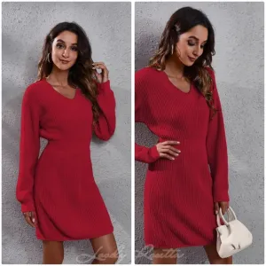 Red Rib-Knit V-Neck Long Sleeve Sweater Dress