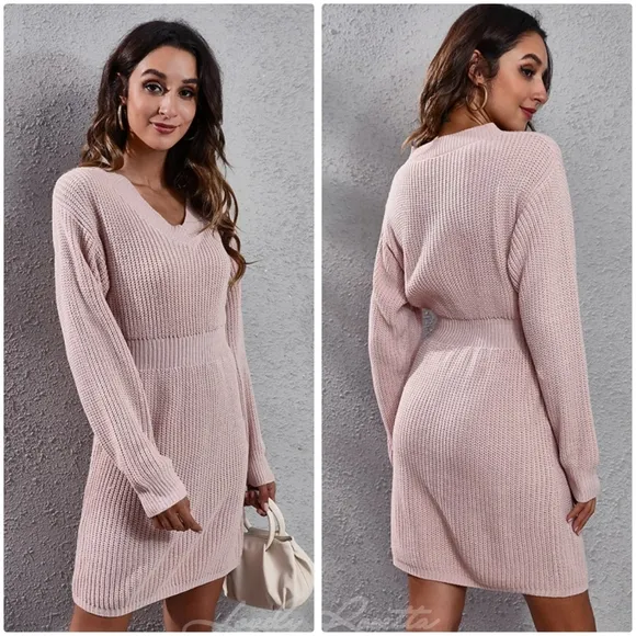 Red Rib-Knit V-Neck Long Sleeve Sweater Dress