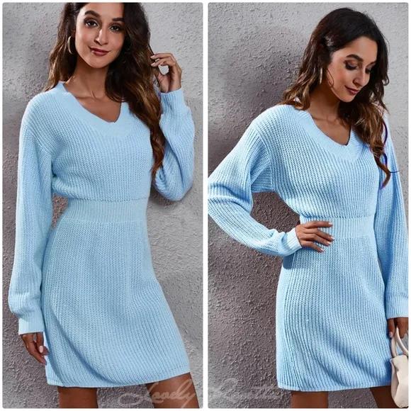 Red Rib-Knit V-Neck Long Sleeve Sweater Dress