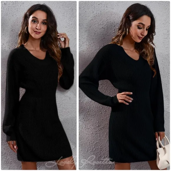 Red Rib-Knit V-Neck Long Sleeve Sweater Dress