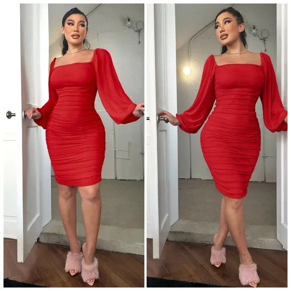 Red Zip-Back Ruched Dress