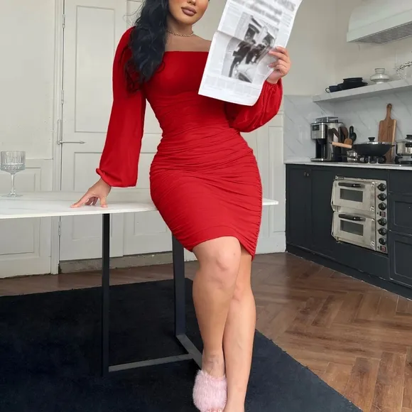 Red Zip-Back Ruched Dress