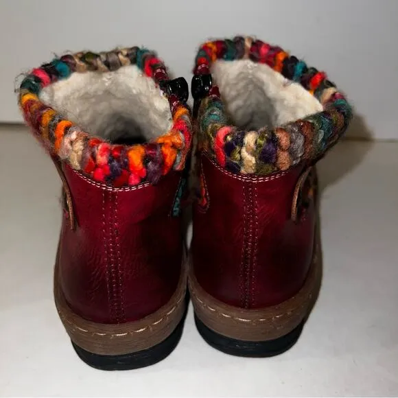 REIKER Felicitas 84 Ankle Boots Red Leather Wool Lined Crochet Detail 37