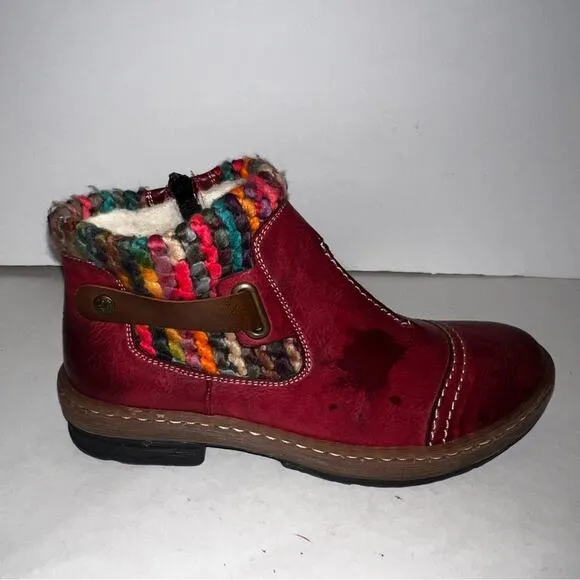 REIKER Felicitas 84 Ankle Boots Red Leather Wool Lined Crochet Detail 37