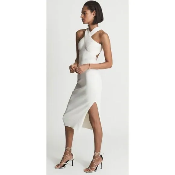 Reiss KEIRA KNITTED BODYCON MIDI DRESS in White NWT Size XL