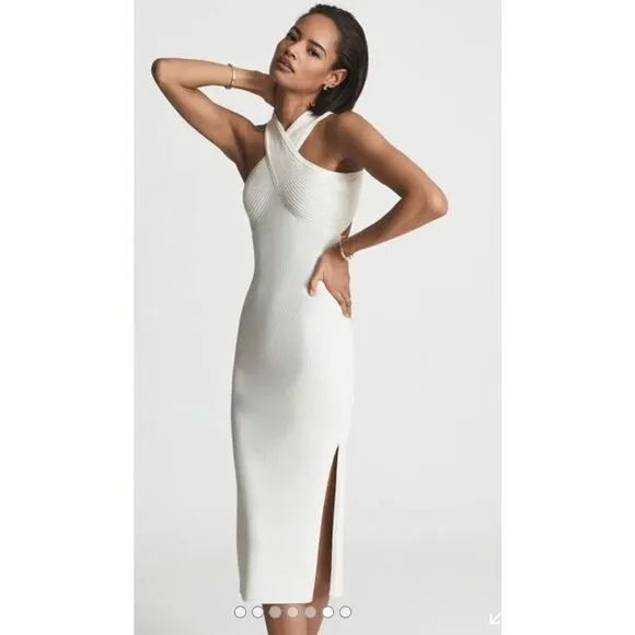 Reiss KEIRA KNITTED BODYCON MIDI DRESS in White NWT Size XL