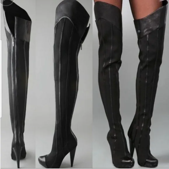 Report Signature Women Sz 7 Leather Mesh Sock thigh heeled boots Steinway Black