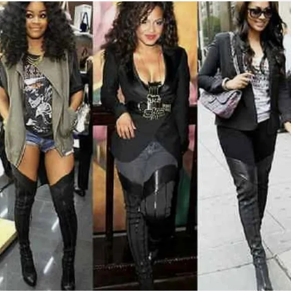 Report Signature Women Sz 7 Leather Mesh Sock thigh heeled boots Steinway Black