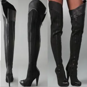 Report Signature Women Sz 7 Leather Mesh Sock thigh heeled boots Steinway Black
