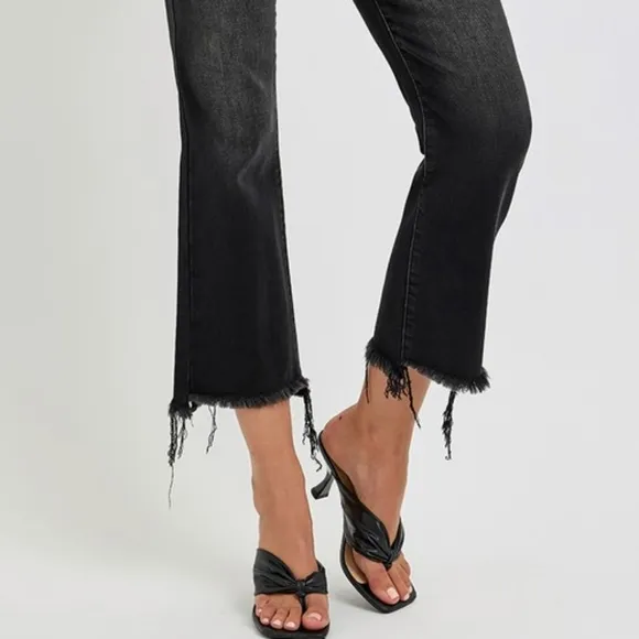 RISEN High-Rise Cropped Torn Denim Slim Fit Jeans Distressed Frayed Flare Pants