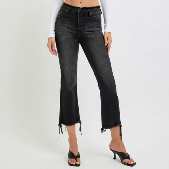 RISEN High-Rise Cropped Torn Denim Slim Fit Jeans Distressed Frayed Flare Pants