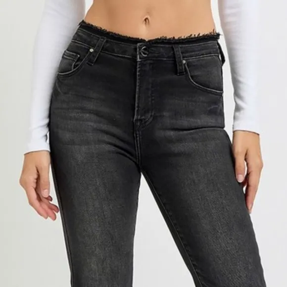 RISEN High-Rise Cropped Torn Denim Slim Fit Jeans Distressed Frayed Flare Pants