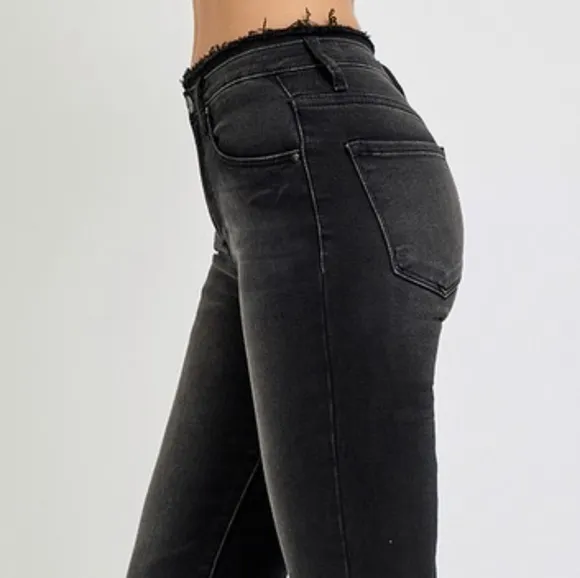 RISEN High-Rise Cropped Torn Denim Slim Fit Jeans Distressed Frayed Flare Pants