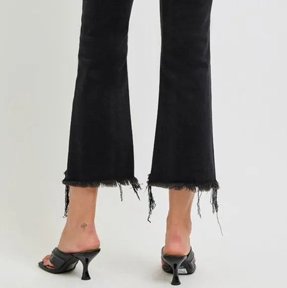 RISEN High-Rise Cropped Torn Denim Slim Fit Jeans Distressed Frayed Flare Pants