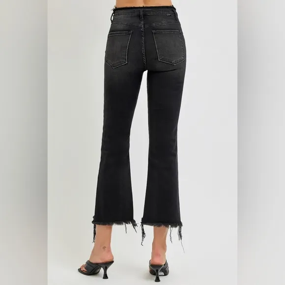 RISEN High-Rise Cropped Torn Denim Slim Fit Jeans Distressed Frayed Flare Pants