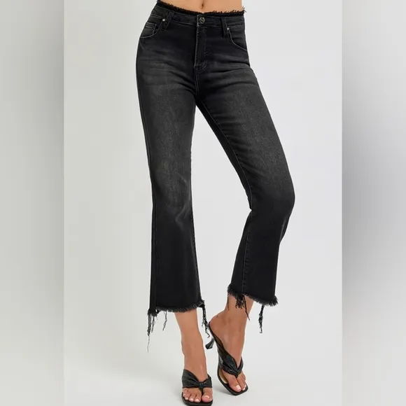 RISEN High-Rise Cropped Torn Denim Slim Fit Jeans Distressed Frayed Flare Pants