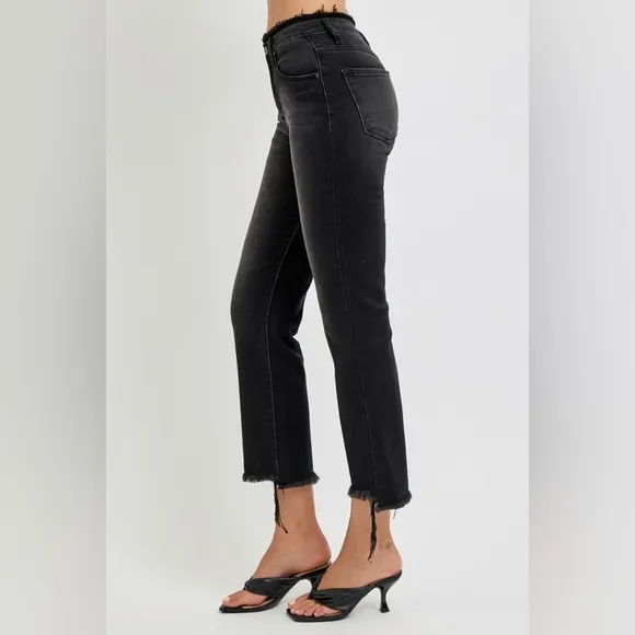 RISEN High-Rise Cropped Torn Denim Slim Fit Jeans Distressed Frayed Flare Pants