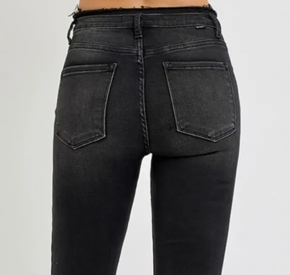 RISEN High-Rise Cropped Torn Denim Slim Fit Jeans Distressed Frayed Flare Pants