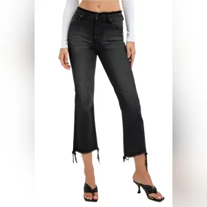 RISEN High-Rise Cropped Torn Denim Slim Fit Jeans Distressed Frayed Flare Pants