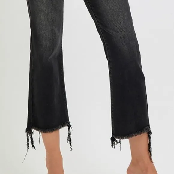 RISEN High-Rise Cropped Torn Denim Slim Fit Jeans Distressed Frayed Flare Pants
