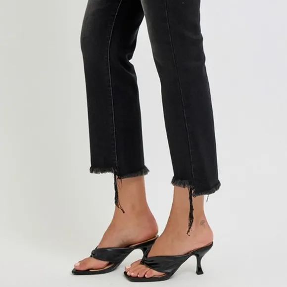 RISEN High-Rise Cropped Torn Denim Slim Fit Jeans Distressed Frayed Flare Pants