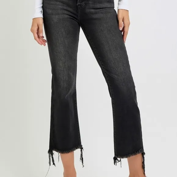 RISEN High-Rise Cropped Torn Denim Slim Fit Jeans Distressed Frayed Flare Pants