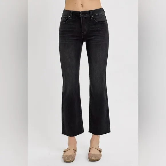 RISEN Tummy Control Mid-Rise Slim Fit Straight Leg Cropped Jeans Denim Pants