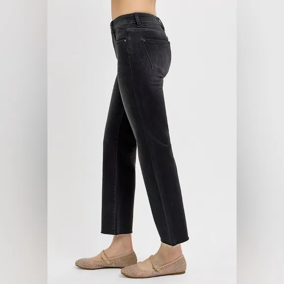 RISEN Tummy Control Mid-Rise Slim Fit Straight Leg Cropped Jeans Denim Pants