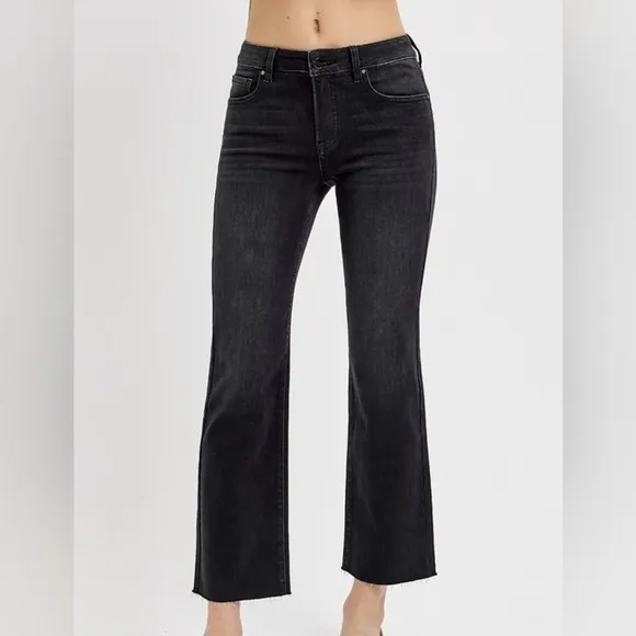 RISEN Tummy Control Mid-Rise Slim Fit Straight Leg Cropped Jeans Denim Pants