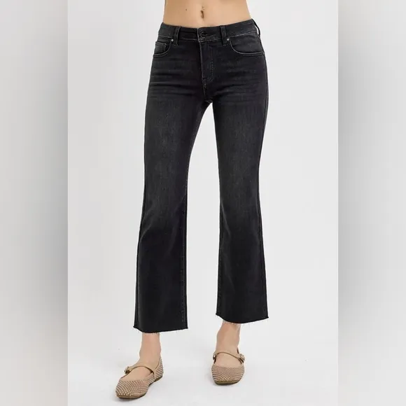 RISEN Tummy Control Mid-Rise Slim Fit Straight Leg Cropped Jeans Denim Pants