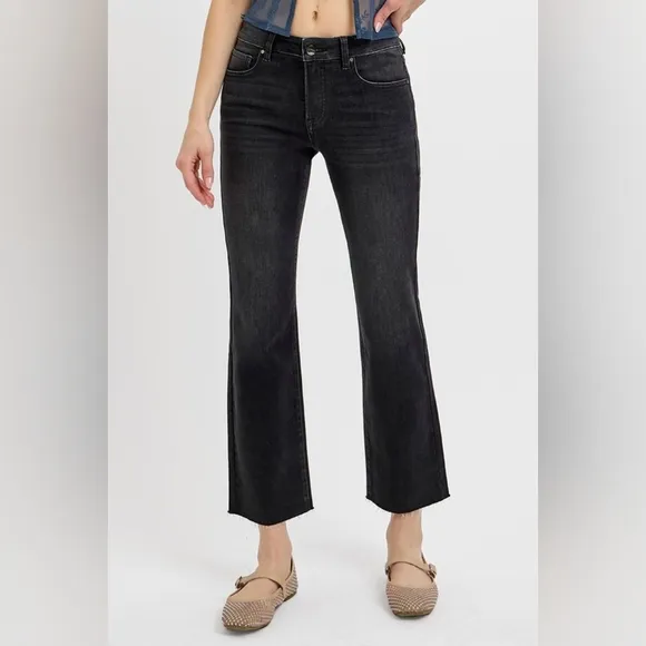 RISEN Tummy Control Mid-Rise Slim Fit Straight Leg Cropped Jeans Denim Pants