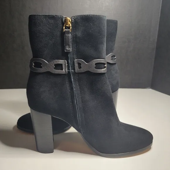 RLL Ralph Lauren Women 6 Boots Abigael Black Suede Zip Calf High Block Heel Edgy