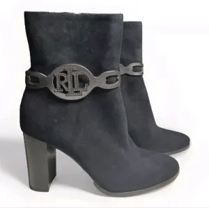 RLL Ralph Lauren Women 6 Boots Abigael Black Suede Zip Calf High Block Heel Edgy
