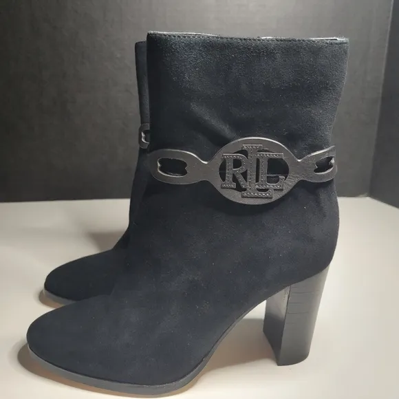 RLL Ralph Lauren Women 6 Boots Abigael Black Suede Zip Calf High Block Heel Edgy