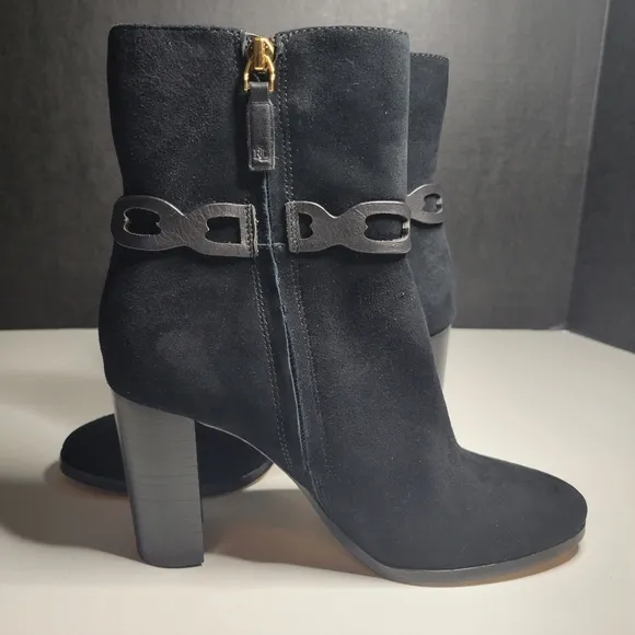 RLL Ralph Lauren Women 6 Boots Abigael Black Suede Zip Calf High Block Heel Edgy