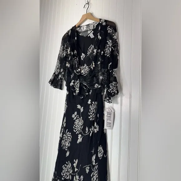 Robbie Bee Silk Floral Midi Dress Black Ruffle Y2K Coquette 16 NWT Fairy Grunge