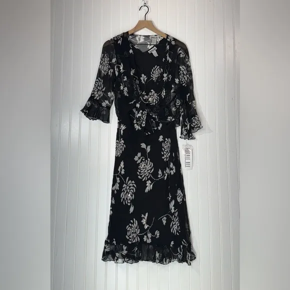 Robbie Bee Silk Floral Midi Dress Black Ruffle Y2K Coquette 16 NWT Fairy Grunge