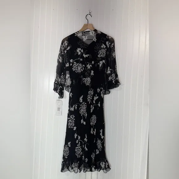 Robbie Bee Silk Floral Midi Dress Black Ruffle Y2K Coquette 16 NWT Fairy Grunge