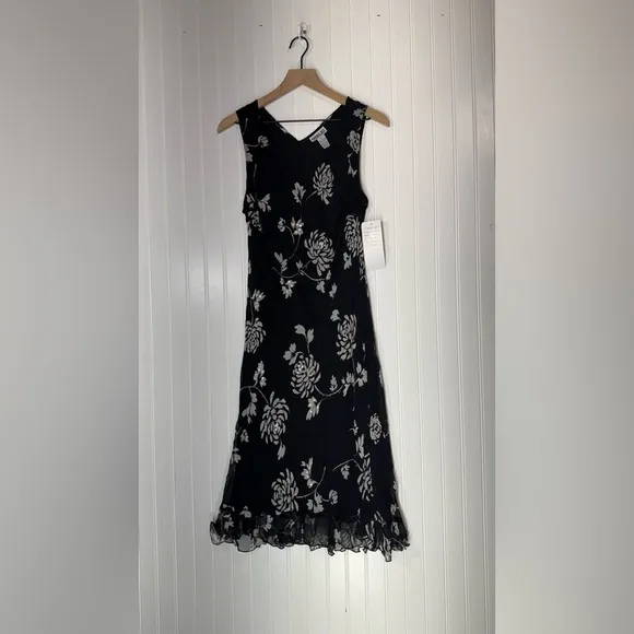 Robbie Bee Silk Floral Midi Dress Black Ruffle Y2K Coquette 16 NWT Fairy Grunge