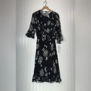 Robbie Bee Silk Floral Midi Dress Black Ruffle Y2K Coquette 16 NWT Fairy Grunge