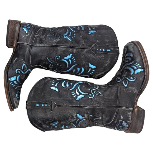 Roper Leather Cutout Western Boots Womens  7 Cowboy Distress Black Blue Metallic
