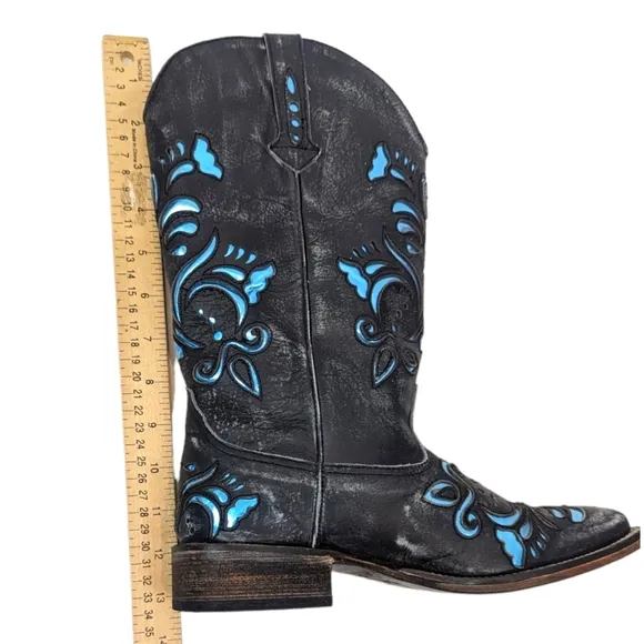 Roper Leather Cutout Western Boots Womens  7 Cowboy Distress Black Blue Metallic