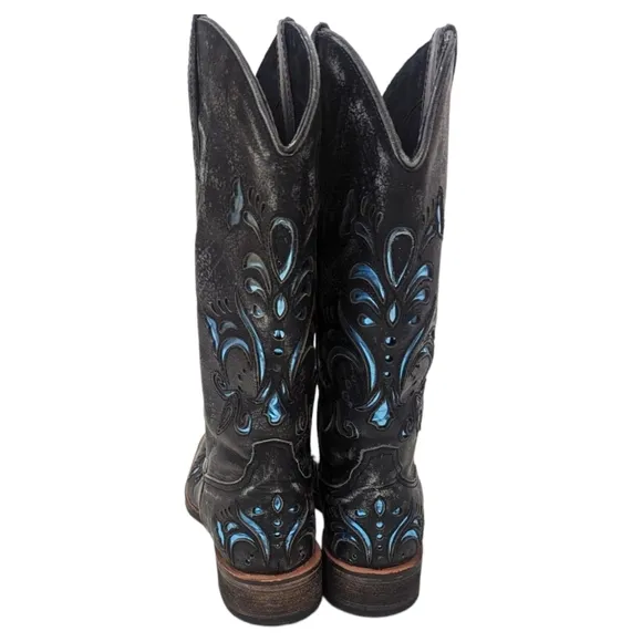 Roper Leather Cutout Western Boots Womens  7 Cowboy Distress Black Blue Metallic