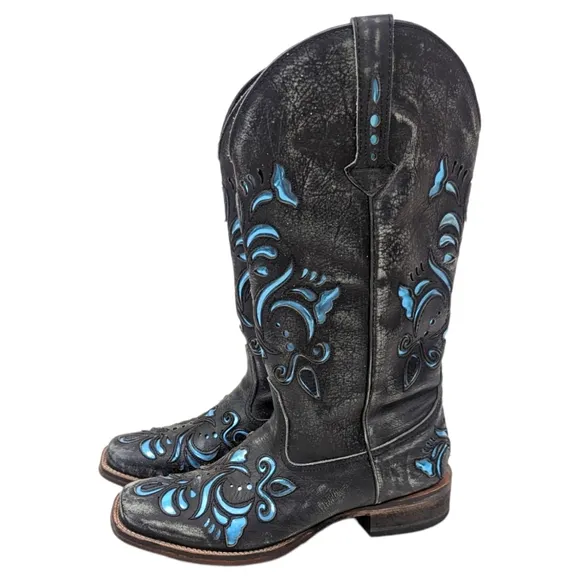 Roper Leather Cutout Western Boots Womens  7 Cowboy Distress Black Blue Metallic