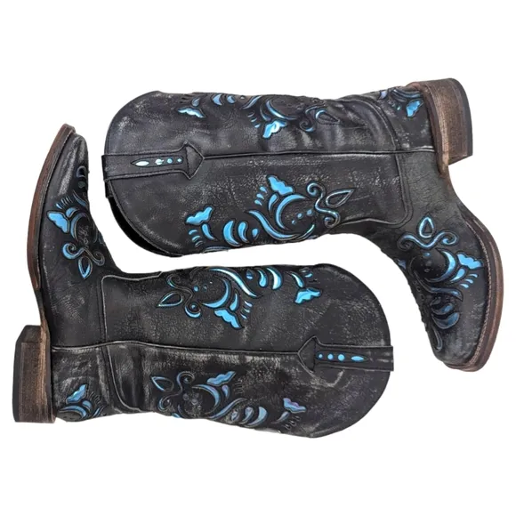Roper Leather Cutout Western Boots Womens  7 Cowboy Distress Black Blue Metallic