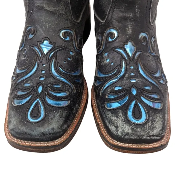 Roper Leather Cutout Western Boots Womens  7 Cowboy Distress Black Blue Metallic