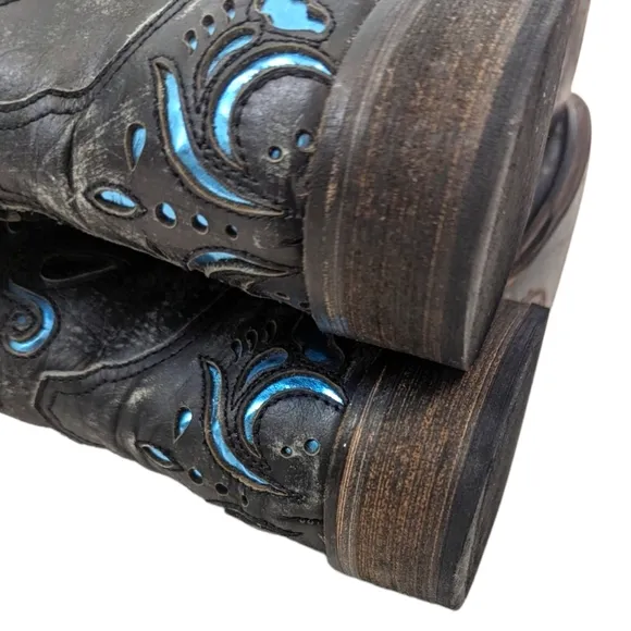 Roper Leather Cutout Western Boots Womens  7 Cowboy Distress Black Blue Metallic