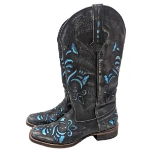 Roper Leather Cutout Western Boots Womens  7 Cowboy Distress Black Blue Metallic