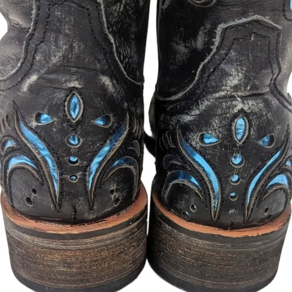 Roper Leather Cutout Western Boots Womens  7 Cowboy Distress Black Blue Metallic