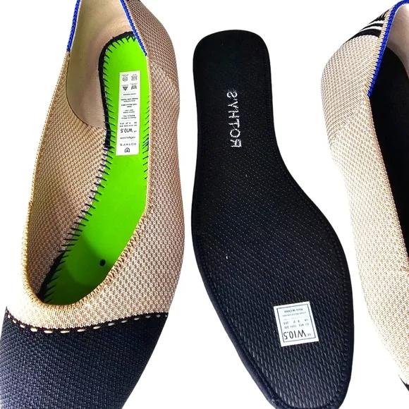 Rothy's The Square Tuxedo Cream W/ Black CapToe Washable Comfort Flat Shoes 10.5